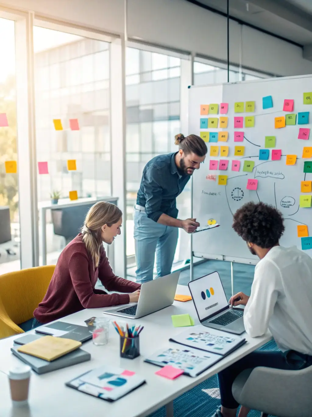 A vibrant image depicting a team collaboratively brainstorming digital marketing strategies in a modern office setting, emphasizing the creative and analytical aspects of Digital Discount Services LLC's approach.