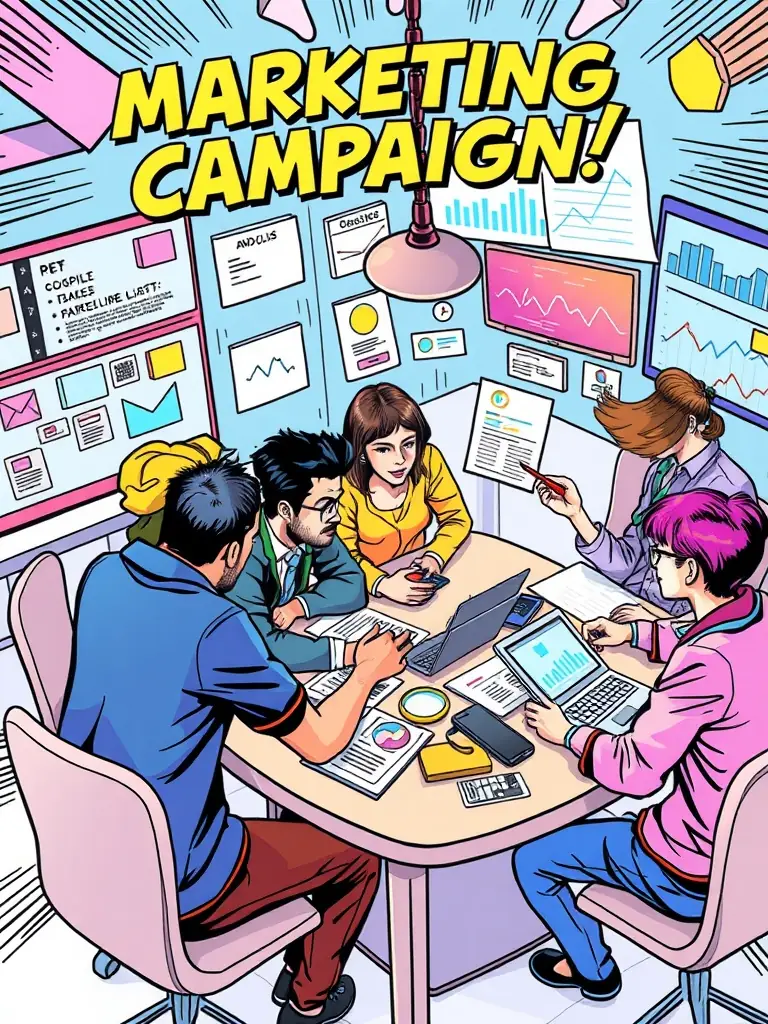 A vibrant image showcasing a diverse group of people collaborating around a table, brainstorming digital marketing strategies with laptops and tablets displaying various analytics dashboards, set in a modern, open-plan office environment, reflecting teamwork and data-driven decision-making.