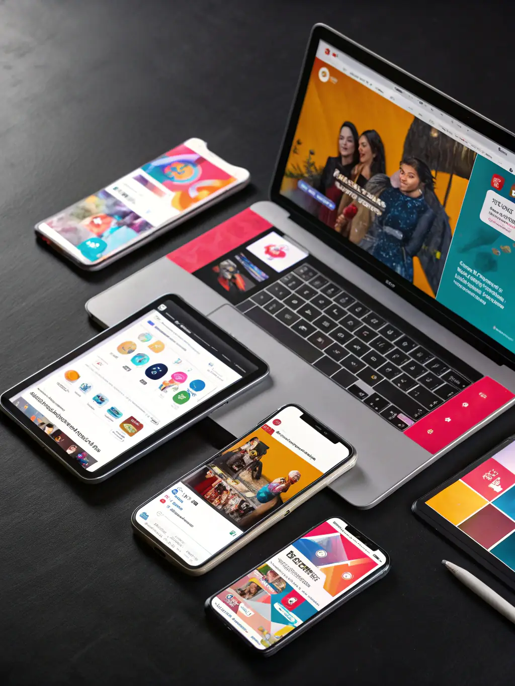 A visually striking image of a series of interconnected devices (laptops, tablets, smartphones) displaying a cohesive and branded digital advertising campaign across various platforms, highlighting the reach and impact of digital advertising.
